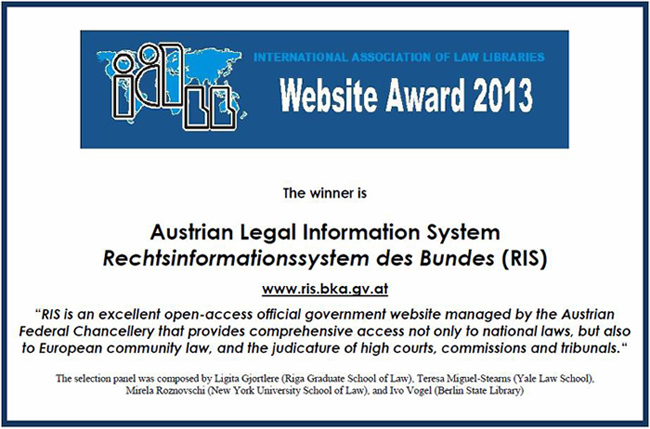 The Austrian legislative information system (RIS) was honored with the Website Award 2013.