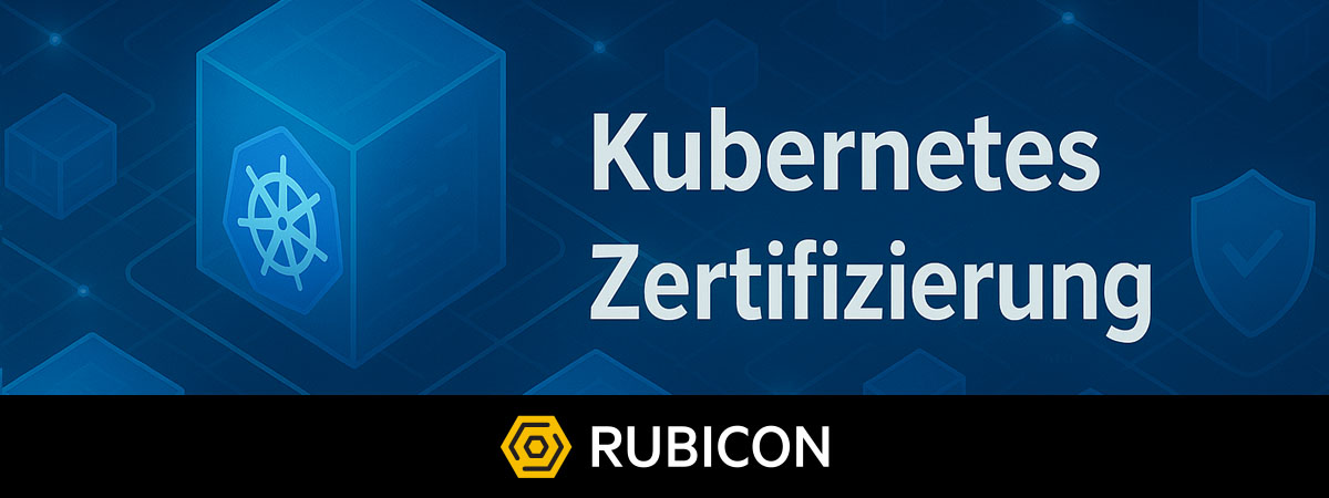 Grafik mit der Aufschrift „Kubernetes Zertifizierung“ vor einem blauen Hintergrund mit stilisierten Würfeln und Kubernetes-Symbolen. Die Darstellung steht für technische Kompetenz, Sicherheit und Professionalität im Umgang mit Kubernetes-Umgebungen.